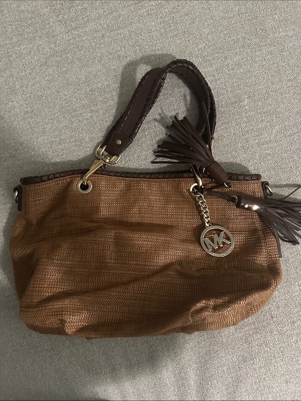 Michael Kors Woven Brown Shoulder Tote with Tassel Charm